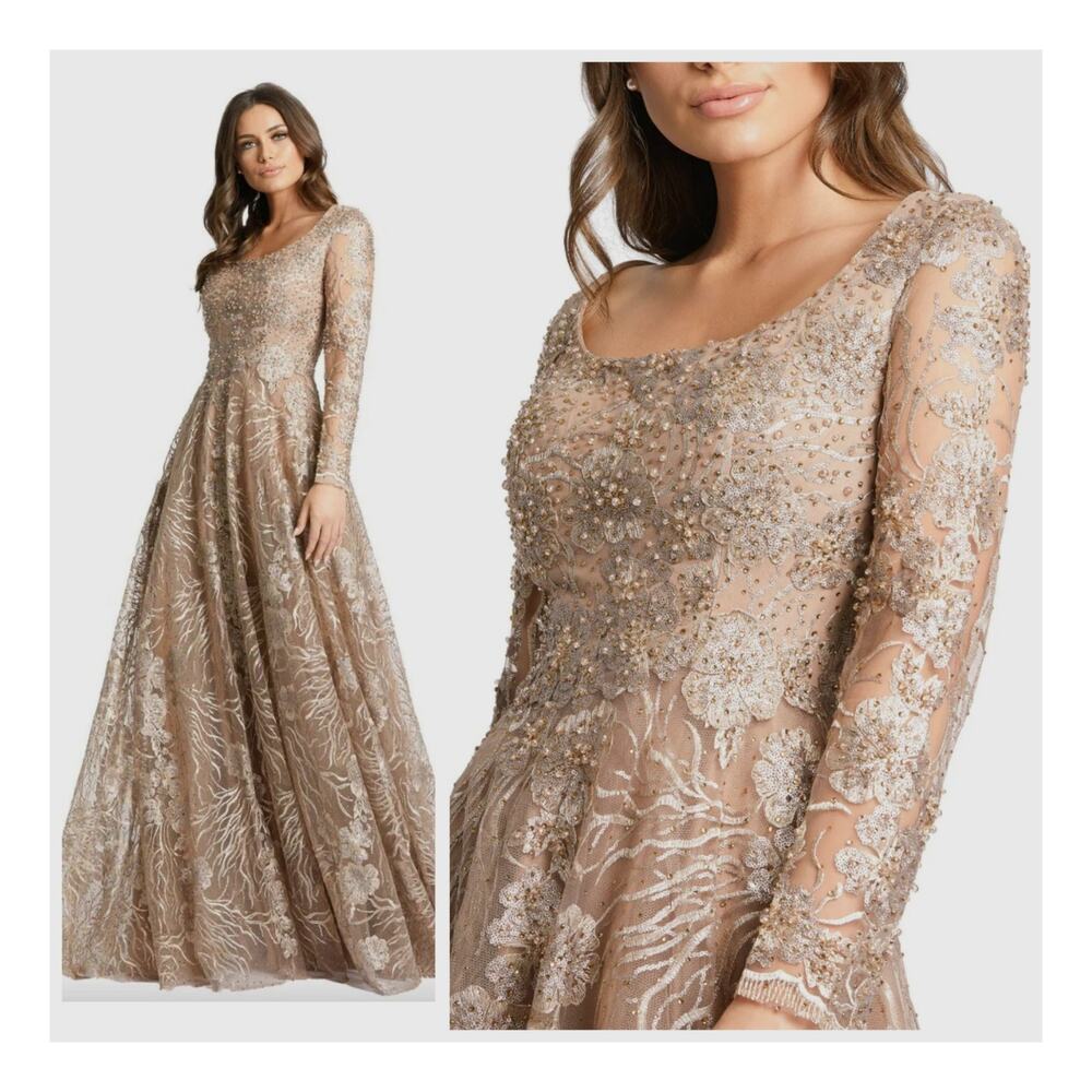 Mac Duggal 20285 Vintage Gold Mocha Formal Dress Embroidered Long Sleeve Gown 10